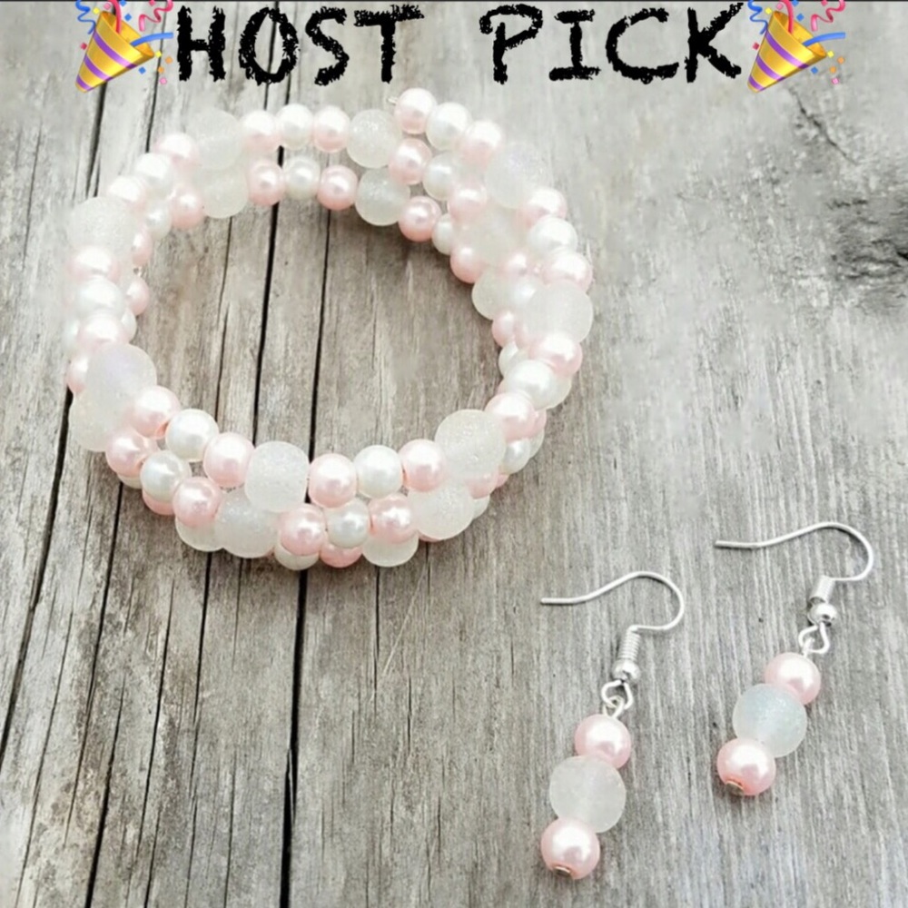 Pink White Wrap Bracelet And Earring Set Handmade New